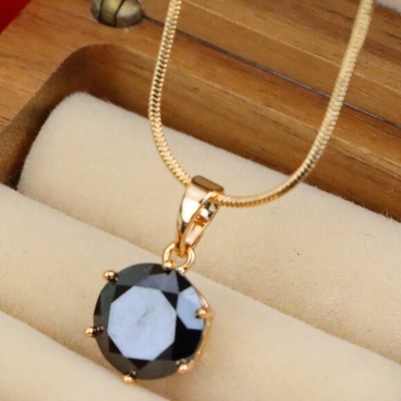 "Round Black Stone Rose Gold Pendant with Classic Prong Setting, XPPT1261 - Picture 1 of 13